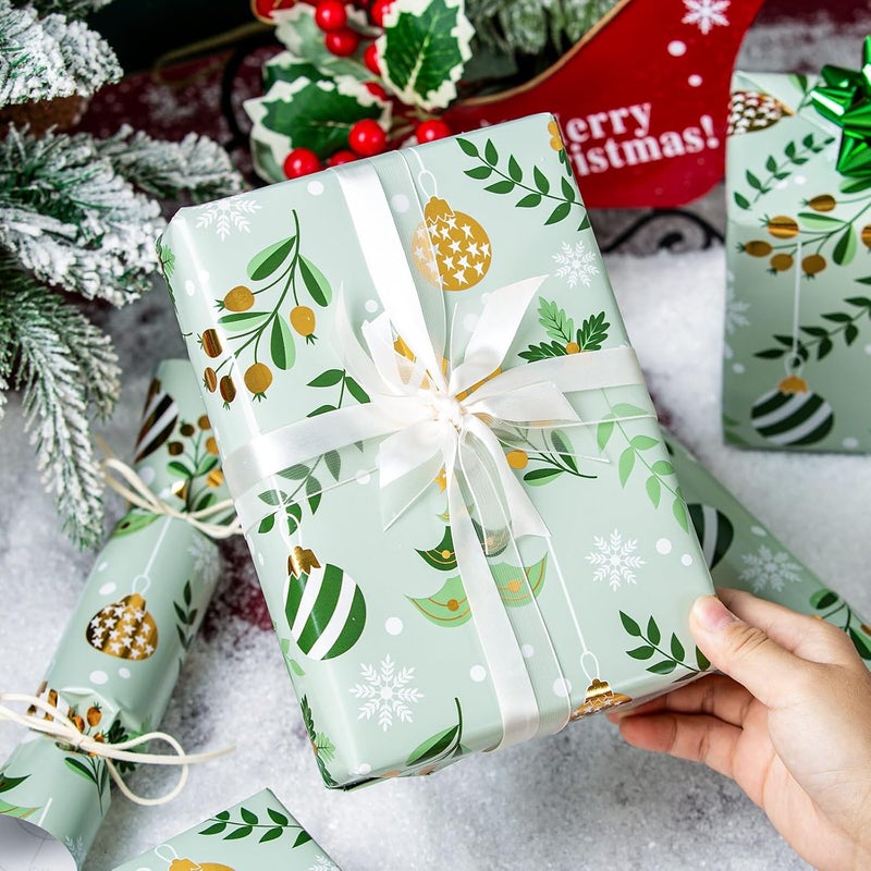 Retrify Light Green Wrapping Paper Roll - Metallic Gold Foil Bells, Berry and White Snowflake Mini Roll Gift Wrap Paper for Christmas Holiday Festive Decoration - 17 Inches x 32.8 Feet - Image 2